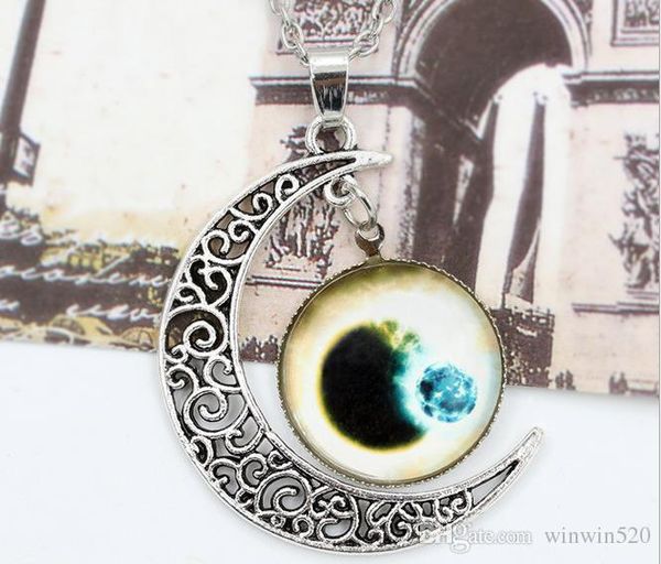 

necklace starry outer space universe gemstone silver chain moon necklaces pendant galaxy half glass moon necklace