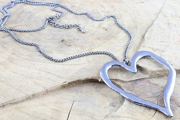Abstract Metal Lagenlook Large Silver Heart Pendant on Long Curb Chain Necklace