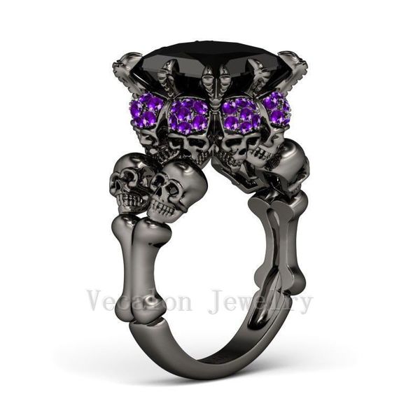 Vecalon Antique Skull Jewelry 3ct Black Simulated Diamond Wedding Band Ring Set per le donne Anello da dito femminile riempito in oro nero