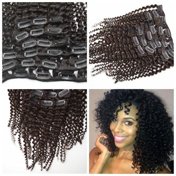 

120g 12" 18" " 22" 24" 26" clip in hair extensions kinky curly indian human hair weft 7pcs natural black g-e, Black;brown