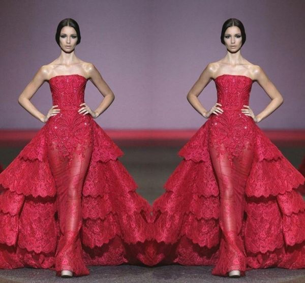 Vestidos de baile em camadas de laço vermelho incrível Sexy Strapless bainha ver através de vestidos de noite em camadas Sweep trem Runway moda pageant vestidos