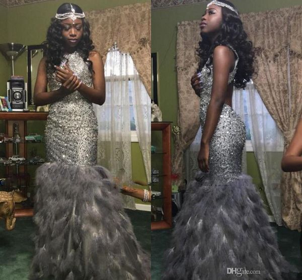 

luxury mermaid fur prom dresses 2017 rhinestone crystal beaded feather evening gowns 8th grade graduation party dresses vestido longo, Black