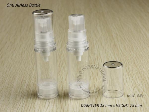 Spedizione gratuita-fai da te essenziale 5 ml pompa airless bottiglia 5 cc piccole bottiglie di lozione imballaggio cosmetico, fiala di visualizzazione del campione 100 pezzi