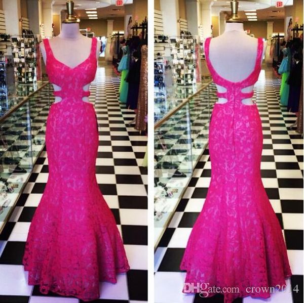 

fuchsia lace prom dresses mermaid long backless evening dresses with straps custom made real picture special occasion gown, Black
