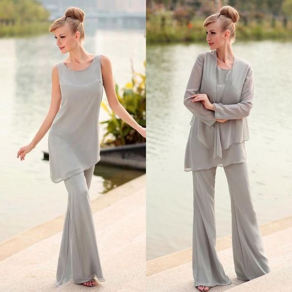 Gioiello in Chiffon grigio argento Largo per la madre della sposa Pantalone con giacca a maniche lunghe Plus. Su misura EN7276