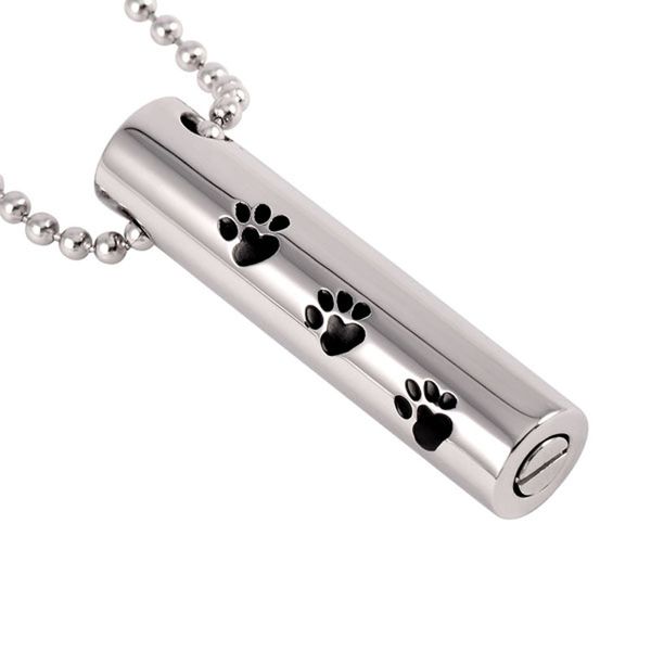 

ijd2473 silver and black stainless steel cat/dog paw print cylinder urn pendant for pet memorial ash keepsake cremation pendants