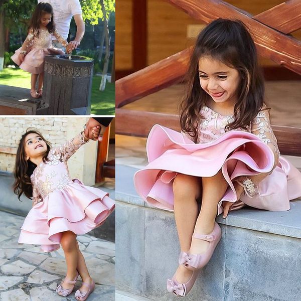

2018 pink short satin lace pageant dresses long sleeves for weddings lovely zipper knee length little flower girls party dress, White;blue