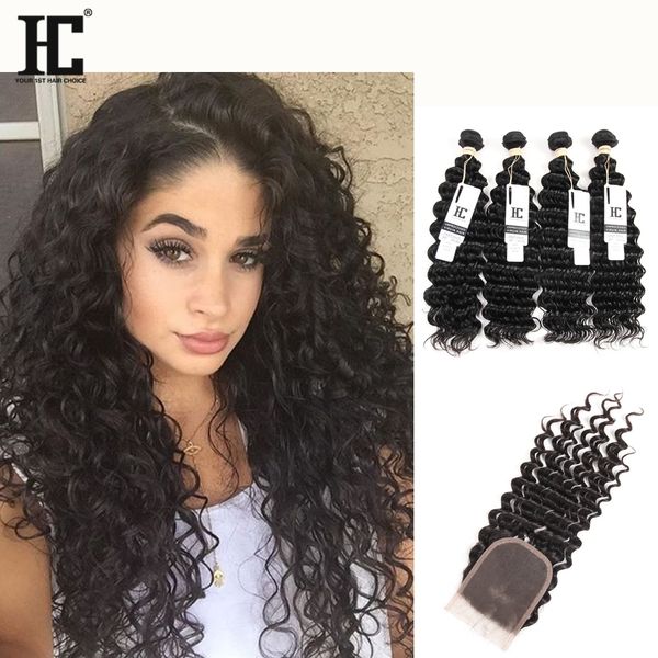 7a Peruvian Human Hair Deep Wave Lace Closure And Hair Weaves Peruvian Deep Curly Unprocessed Human Hair Weave 4 Bundles With Lace Closure Closure