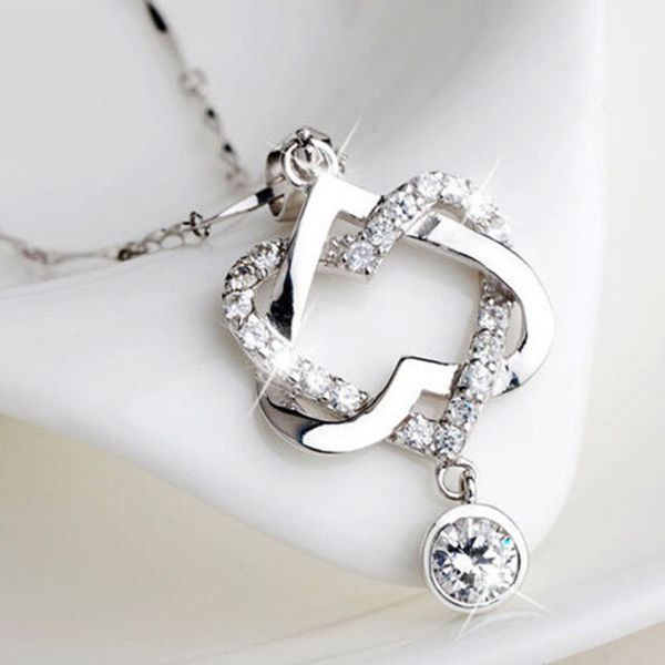 

fashion 925 silver plated rose gold women double heart pendant necklace with micro cz crystal pave chain jewelry
