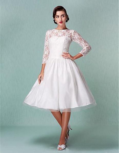 

новое поступление vestido де нойва короткие свадебные платья три четверти рукав w002 sheer современные до колен кружева свадебные платья при, White
