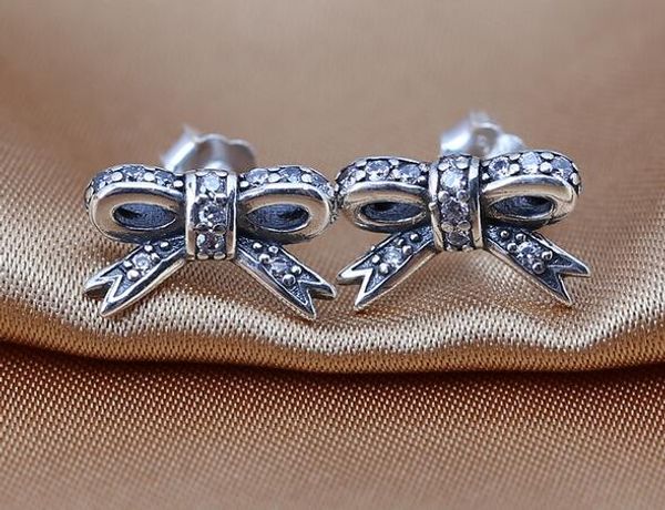 

bow stud earrings 100% 925 sterling silver earrings with clear cubic zirconia fits for pandora jewelry silver charms gift 1pair/lot, Golden;silver