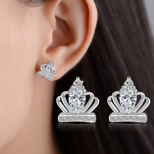 

925 sterling silver gold plated cz crystal diamond crown stud earrings fashion jewelry beautiful wedding / engagement gift for women ed263, Golden;silver