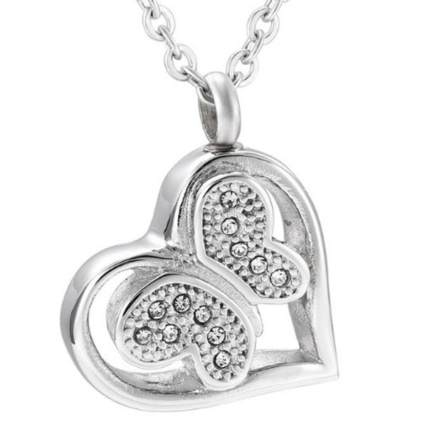 

ijd8004 butterfly in heart memorial jewelry crystal necklace urn for ashes hold memorial ash keepsake pendant necklace for pet/human ashes, Silver
