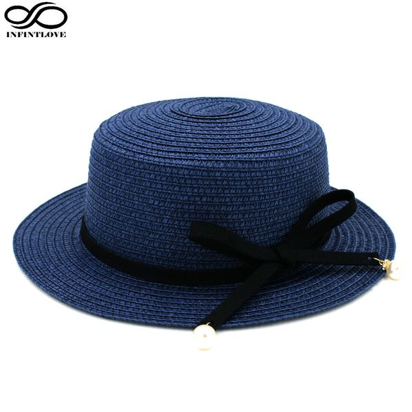 

wholesale- ifinitlove women boater hat straw hat party wedding beach flat caps acrylic beads wool band (:58cm, Blue;gray
