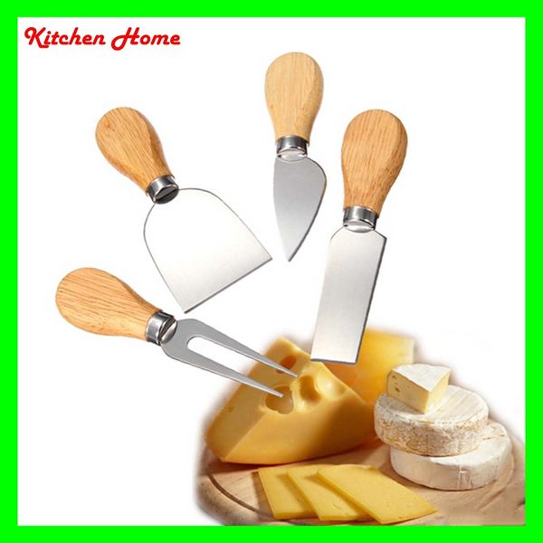 

4 pcs cheese knife set with oak wood handle stainless steel cheese slicer cheese cutter knives kitchen cooking tools set