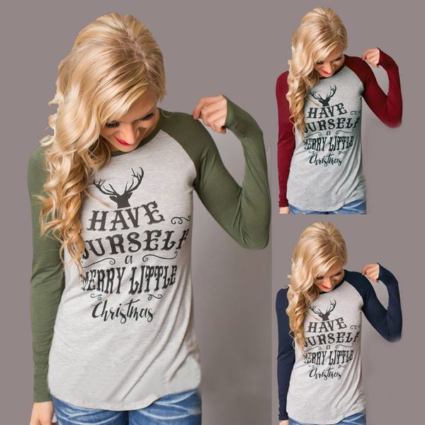 

Christmas Deer T-Shirt Women Christma Elk Long Sleeve Letters Shirts Xmas Tops Casual Blouse Santa Claus Fashion Tee
