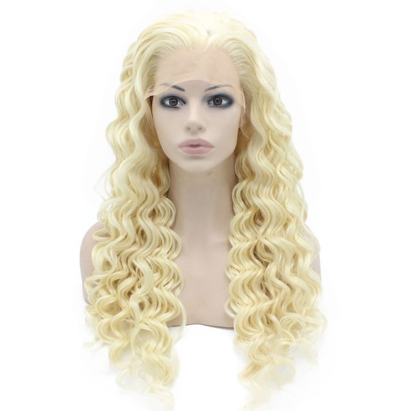 

long curly light blond heat safe fiber hair lace front wig, Black