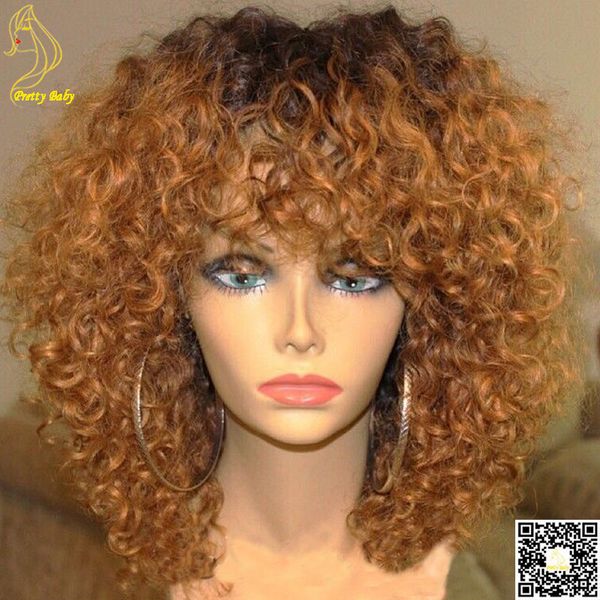 

honey blonde ombre full lace human hair wigs kinky curly peruvian virgin hair lace front wig with bangs two tone 1b/30, Black;brown