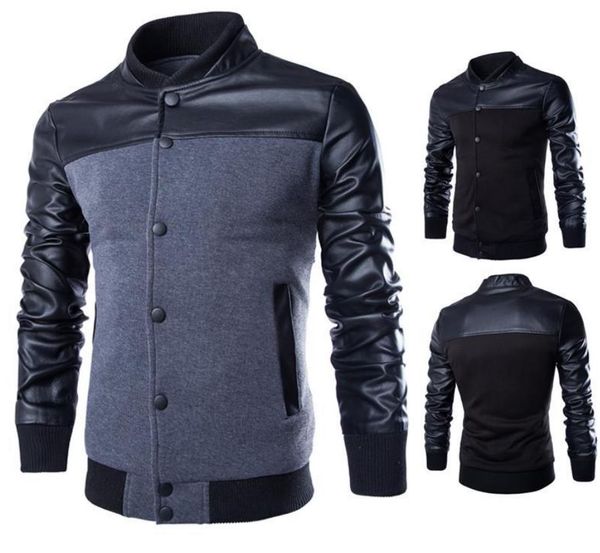 

jacket patchwork pu leather long sleece stand collar single breasted matching color design slim fit for man sport baseball jackets 2021, Black;brown
