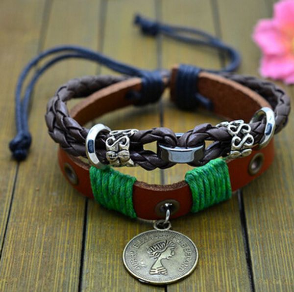 

coin leather multilayer bracelets bangle for men ancient style brown color alloy jewelry christmas gifts ing, Golden;silver