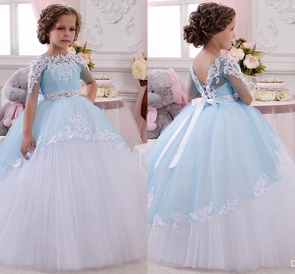 

2020 new baby princess flower girl dress lace appliques wedding prom ball gowns birthday communion toddler kids tutu dress little girl dress, White;blue