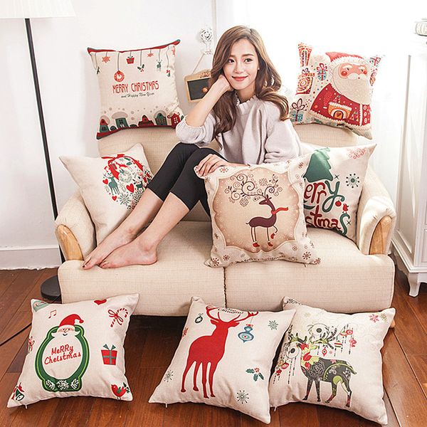 

21 styles merry christmas cushion cover colour paintings reindeer elk tree red car hat cushion covers decorative linen beige pillow case