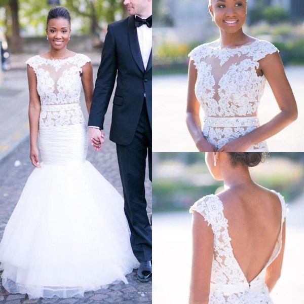 

selling 2017 cap sleeves tulle mermaid wedding dresses with pleats appliques scoop neck floor length sheer bodice bridal dresses, White