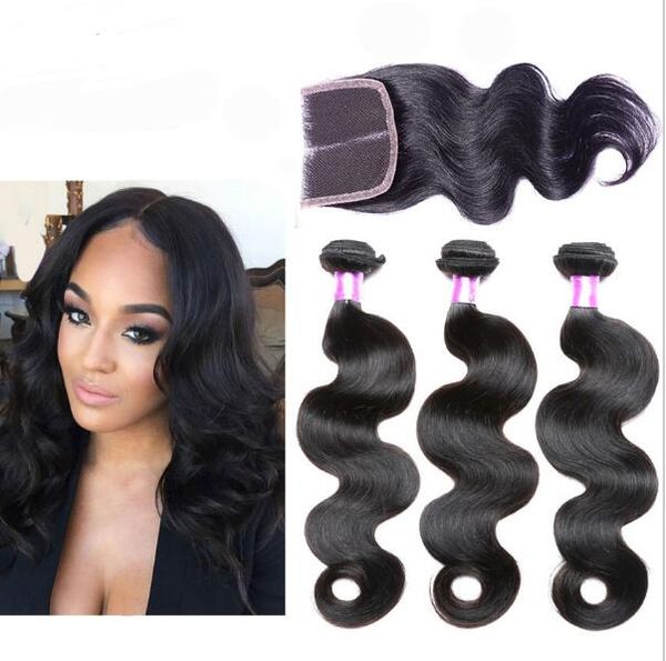 

8a peruvian body wave hair bundles with closure middle 3 part double weft human hair extensions dyeable hair weave, Black
