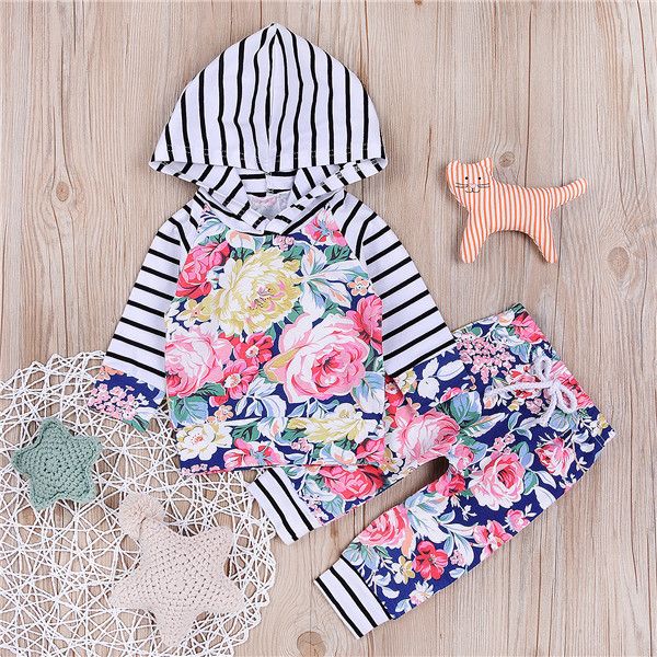 

2017 girls boutique outfits hooded striped +floral pants 2pcs girls clothes set kids clothes children clothing sets for 0-24m, White