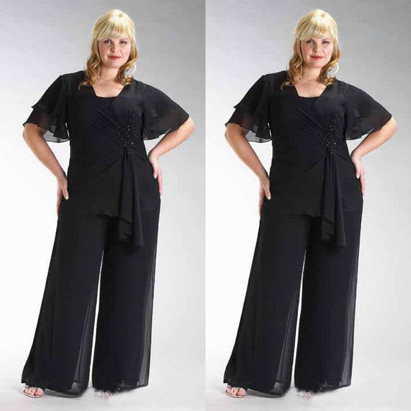 Beliebt 2016 Plus Size Schwarz Chiffon Kurzarm Mutter der Braut Zweiteilige Hosenanzüge Perlen Taille Maßgeschneidert EN4127