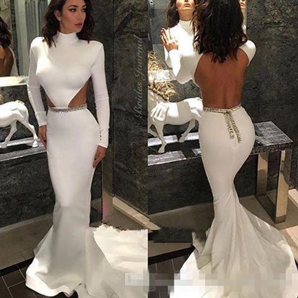 

Sexy Backless 2016 платья выпускного вечера с длинными рукавами высокая шея сторона вырезать золото бисероплетение развертки поезд белый сатин вечерние платья для конкурса