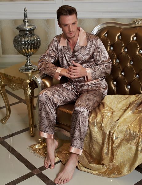 

male nightwear real pyjama 2020 new men pajama sets pijamas turn-down collar imitation silk sleepwear full sleeve nighty 20506, Black;brown