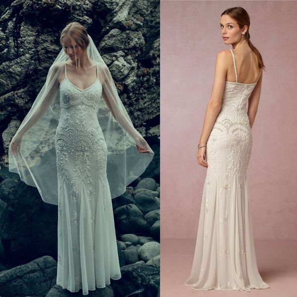 

bhldn 2017 русалка пляж свадебные платья жемчуг кружева аппликация старинные блестки свадебные платья спагетти шеи рукавов горячая свадебное, White