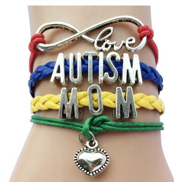 

new arrival infinity love autism mom or mum grandma nana aunt sister awareness heart charm leather handmade bradied puzzle piece bracelet, Golden;silver