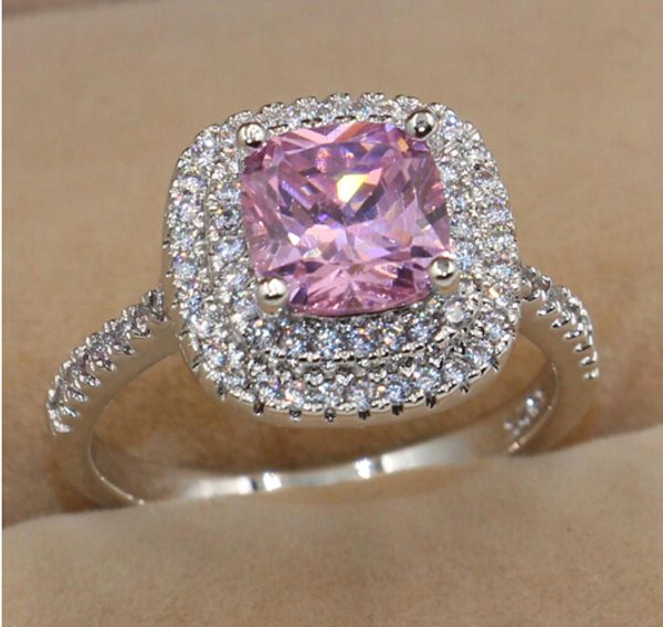 

brand jewelry 8mm fashion jewelry luxury pink sapphire diamonique simulated diamond 925 silver women engagement wedding ring gift sz 5-11, Golden;silver