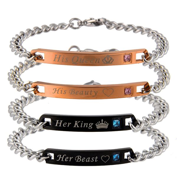 Pulseiras de aço titanium her king sua rainha sua besta sua beleza lettering crown amor casal pulseira para menwomen s moda jóias