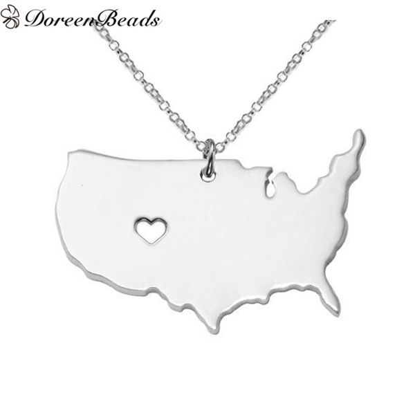 

New Fashion Copper&Stainless Steel Silhouette Map USA/America Charm Necklace Link Cable Chain Silver Tone Heart Pendant 1 Piece