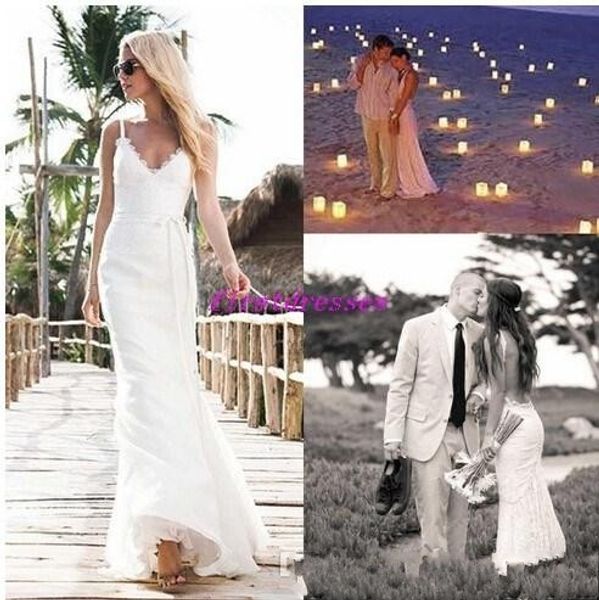 

2016 v neck spaghetti lace sheath wedding dresses applique and sashes backless sleeveless sweep train beach bridal gown dresses yo74, White