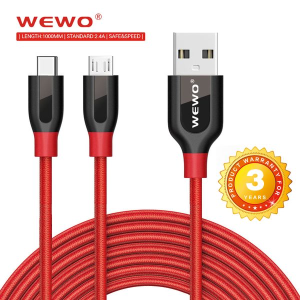 

Wewo type c cable 2 in 1 data tran mit and charging cable with retail packaging fa t charging nylon u b cable for phone