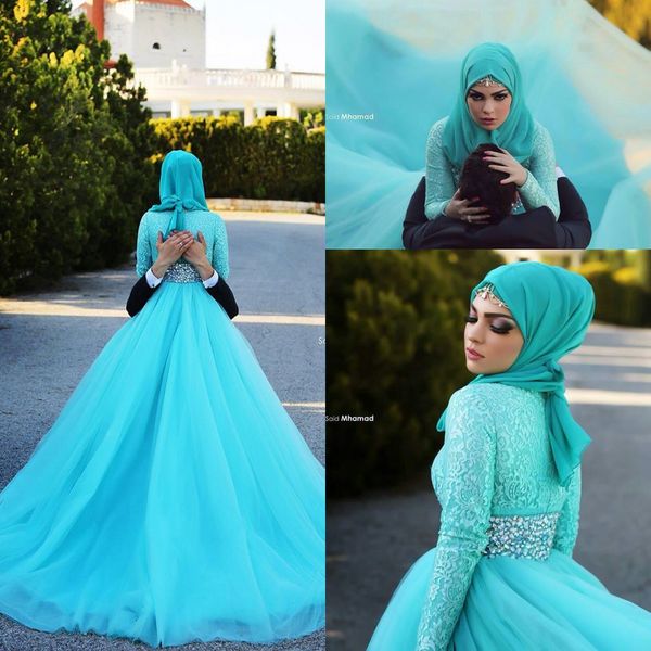 2017 New Fashion Muslim Luxury Evening Dress High Neck Top Beads Long