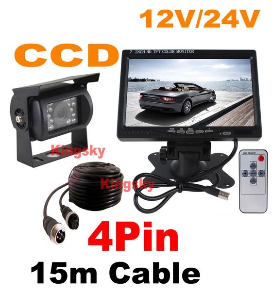 

12v~24v night vision 18ir led ccd backup reverse camera 4pin + 7" lcd monitor car rear view kit 15m cable for bus truck motorhome