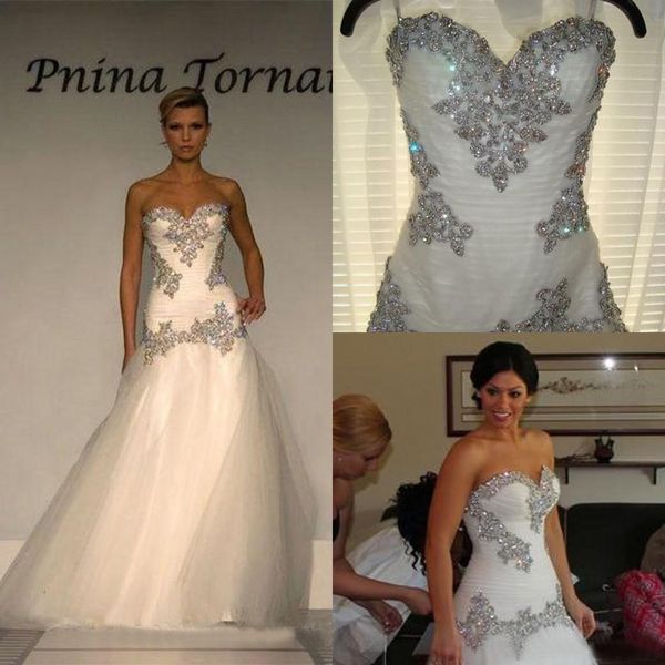 Lüks 2016 Tül Sevgiliye Denizkızı Gelinlik Pnina Tornai Ucuz Boncuklu Kristal Uzun Gelinlikler Custom Made Çin EN70514