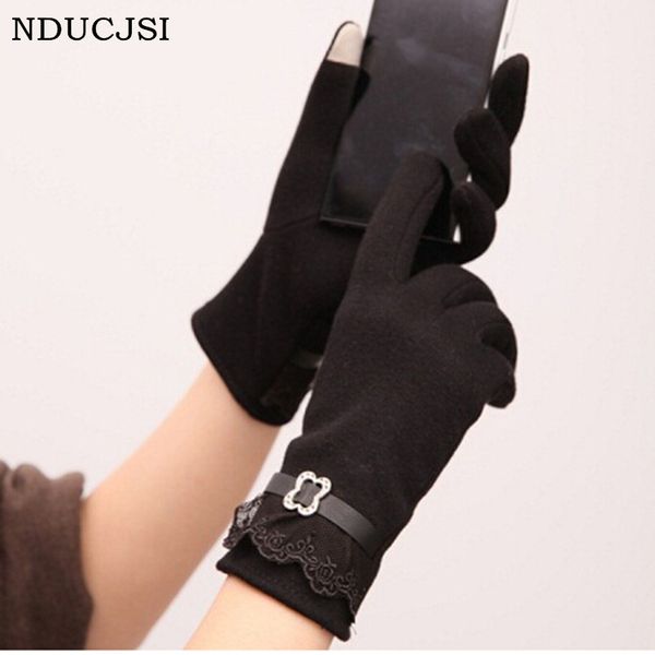 

wholesale- winter lace gloves women fall knit warm carve flower guantes red patchwork purple luvas leather super quality full finger glove, Blue;gray