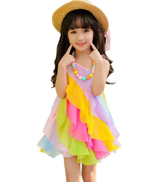 

детская одежда летних девочек платье принцессы платье ребенка слинг пляж платье радугу, Red;yellow