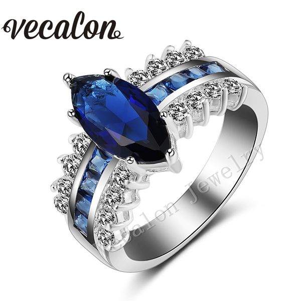 Vecalon Marquise Cut 5ct Safira Simulado diamante Cz 925 Prata Esterlina Anel de Noivado Conjunto para mulheres Banda