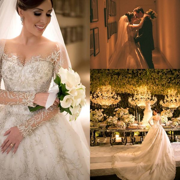 

luxury wedding dresses with sheer neckline beads sequins 3d appliques long sleeves wedding dress chapel train modest vintage bridal gowns, White