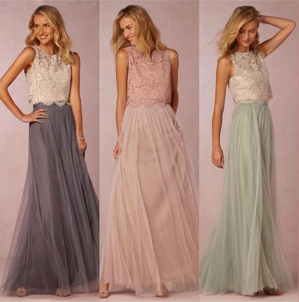 2020 Vintage Due pezzi Crop Top Abiti da damigella d'onore Tulle Increspato Lunghezza pavimento Blush Grigio menta Abiti da damigella d'onore Abiti da festa di nozze in pizzo