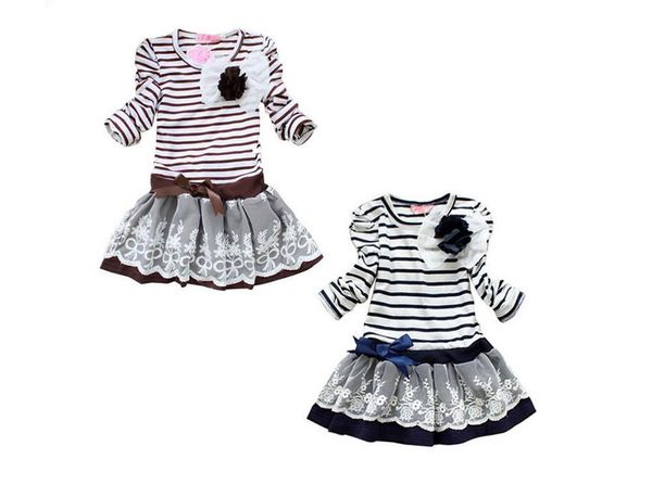 

girls ' dress полосатый цветок с длинным рукавом девушка осень с длинным рукавом полосатый платья девушка кружева платья детская одежда хлоп, Red;yellow