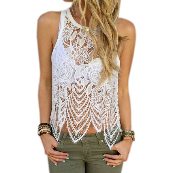 Wholesale-2016 New Summer Sexy Lace tank top PlWomen Lace Crochet Vest Tank Top Casual Sleeveless Blouse Casual Beach Tank Top Vest Cloths