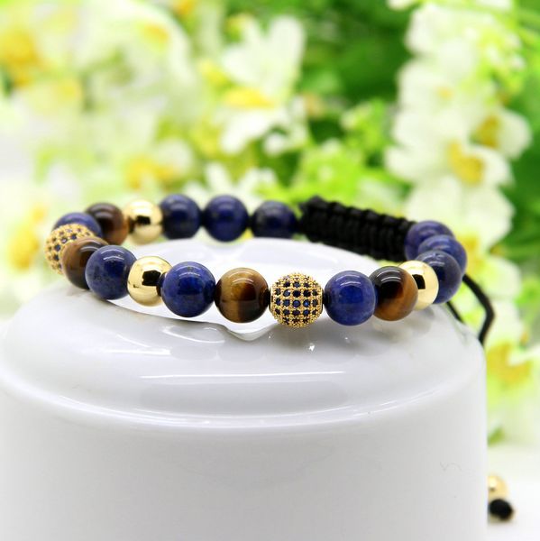 Großhandel 10 teile/los 8mm Lapis Stein Perlen 9mm Mikro Gepflastert Blau Cz Ball Makramee Flechten Armband